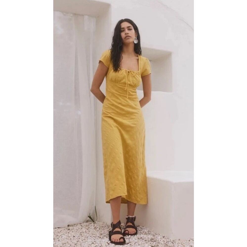 Free People Free-est Natalya Midi Dress Smocked Cotton Ruched Yellow Medium